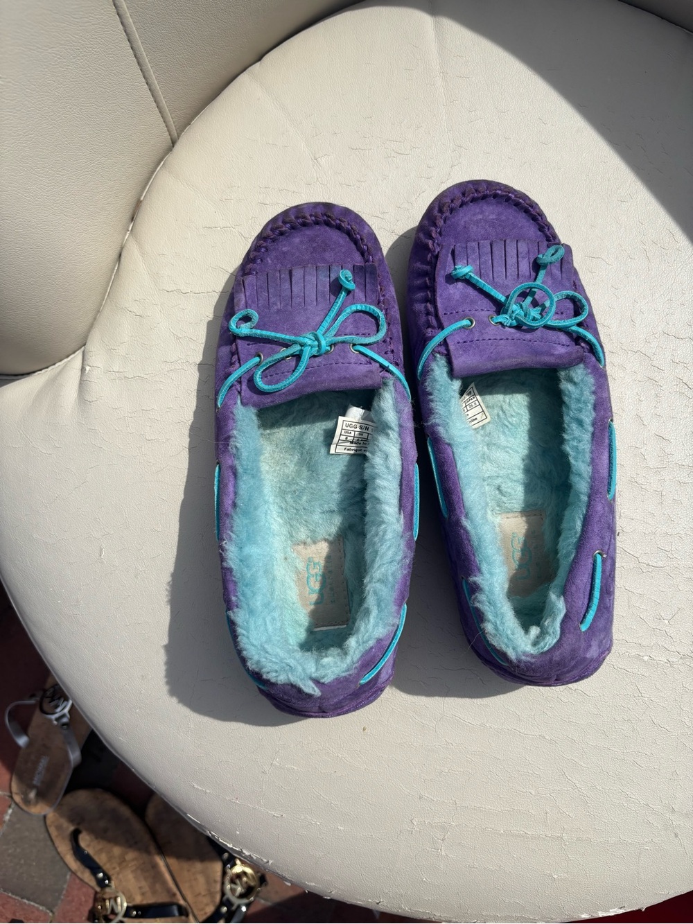 UGG Purple Moccasin Slippers with Teal Shearling